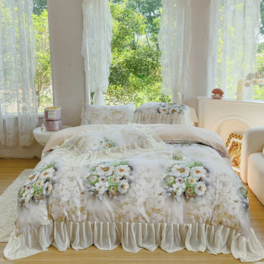 Elegant White Green Floral Print Cotton Bedding Collection with Ruffles